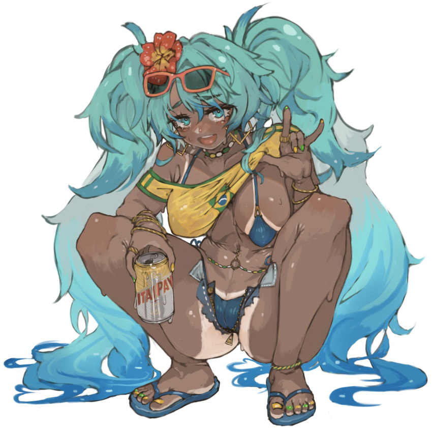 1girls ass beer beer_can big_ass big_breasts big_thighs bikini brazil brazilian brazilian_female brazilian_miku breasts cyan_eyes cyan_hair female female_only hatsune_miku huge_ass huge_thighs latin_american_hatsune_miku_(meme) long_hair looking_at_viewer nail_polish rustycork sandals shirt shorts solo sweat tagme tan tan_body tan_line tan_lines tan_skin tanline tanlines thick_hips thick_thighs thighs thong twintails vocaloid yellow_shirt