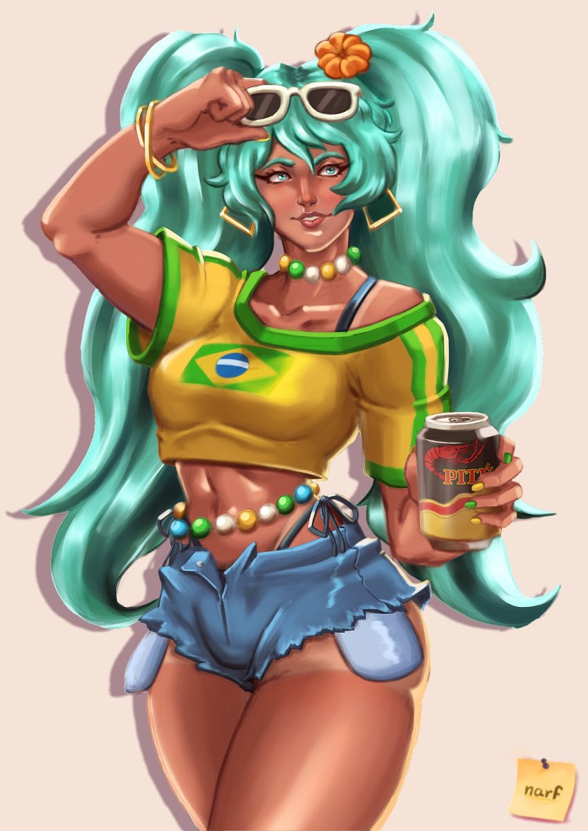 1girls brazil brazilian brazilian_female brazilian_flag brazilian_miku hatsune_miku latin_american_hatsune_miku_(meme) realistic shorts streetwear tagme tanned thick_thighs thighs vocaloid