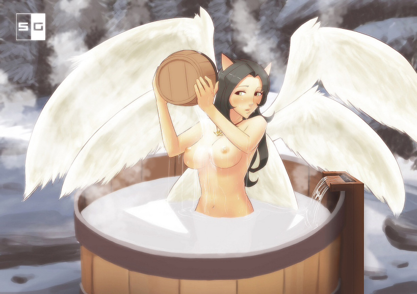 1girls angel animal_ears bath bathing black_hair breasts cat_ears female female_only green_eyes multi_wing navel nipples nude outdoors outside seraph sillygirl snow solo tree tub water wet wings