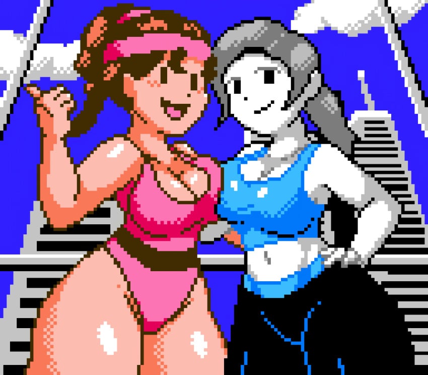 2girls 8-bit aerobics_clothing aerobics_instructor_(dance_aerobics) bandai bandai_namco belt black_leggings blue_topwear blush breast_on_breasts breast_squeeze breasts building clouds curly_hair curvaceous curvy curvy_body curvy_female curvy_figure dance_aerobics feetfish female female_only hand_on_hip headband high_cut leggings leotard looking_at_viewer mob_face multiple_girls nes nintendo nintendo_entertainment_system one-piece_swimsuit pink_headband pink_leotard pixel_art posing shiny_breasts shiny_skin shiny_thighs sky smile smiling squeezing_breast thick_thighs thighs thumbs_up tight_clothing tight_fit white_body white_skin wii_fit_trainer wii_fit_trainer_(female)