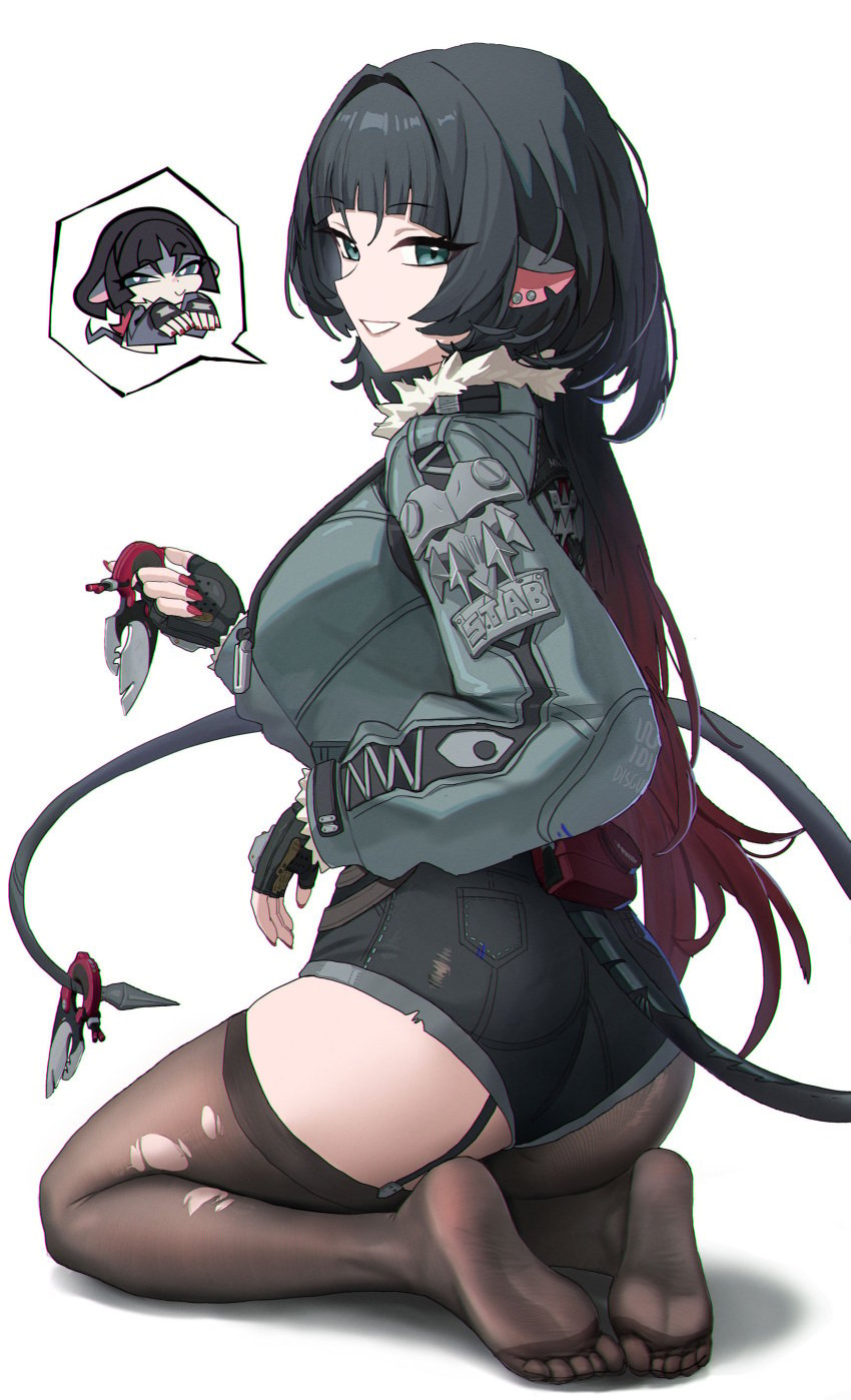 1girls absurdres animal_ears ass black_gloves black_hair black_pantyhose black_shorts black_thighhighs blush chibi chibi_inset commentary female fingerless_gloves fingernails fur-trimmed_jacket fur_trim gloves grey_jacket highres holding holding_weapon jacket jane_doe_(zenless_zone_zero) long_hair long_sleeves looking_at_viewer mouse_ears mouse_girl mouse_tail nail_polish pantyhose puffy_long_sleeves puffy_sleeves purple_z red_nails shorts simple_background single_leg_pantyhose single_thighhigh smile soles spoken_character symbol-only_commentary tail thighhighs thighs torn_clothes torn_pantyhose torn_thighhighs weapon white_background zenless_zone_zero