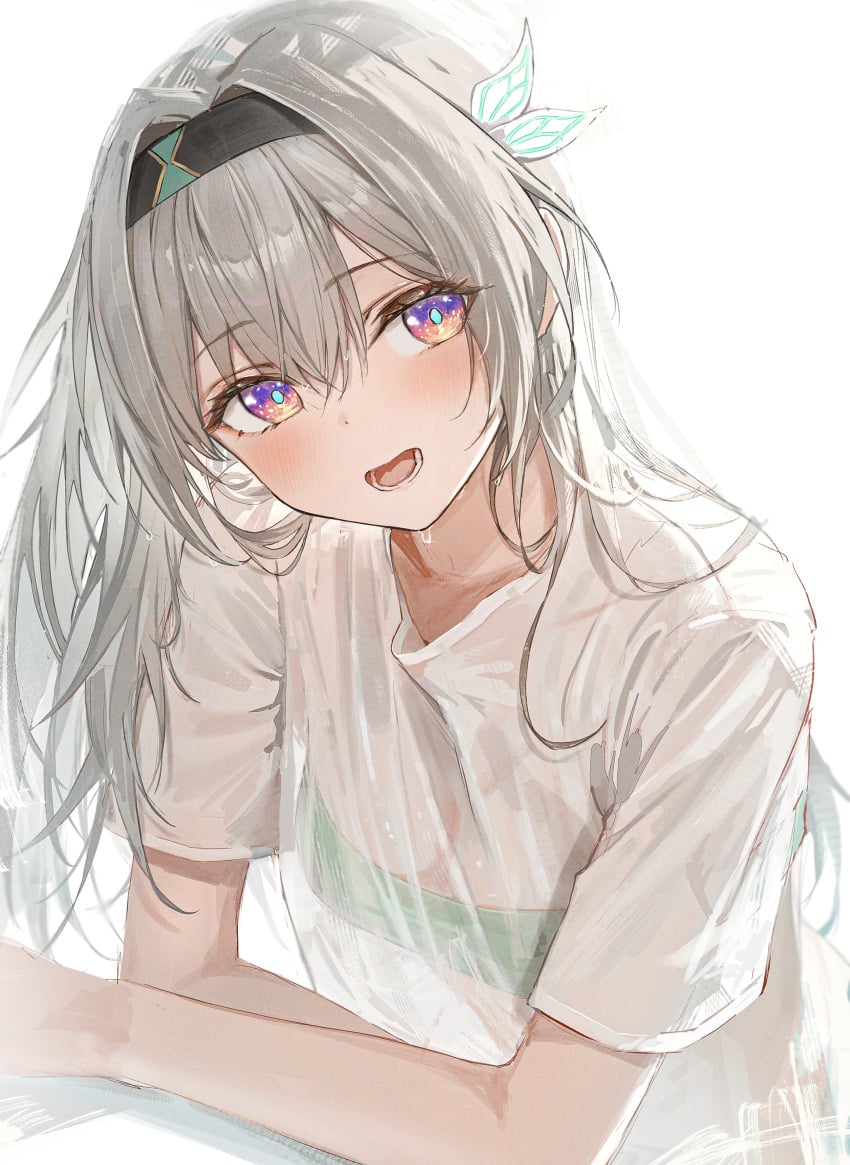 2d arms_folded bra_visible_through_clothes clothed firefly_(honkai:_star_rail) gray_hair hair_ornament headband hidulume honkai:_star_rail non-nude purple_eyes soaked soaked_clothes strapless_bra sweat sweating tilted_head wet_clothes white_background