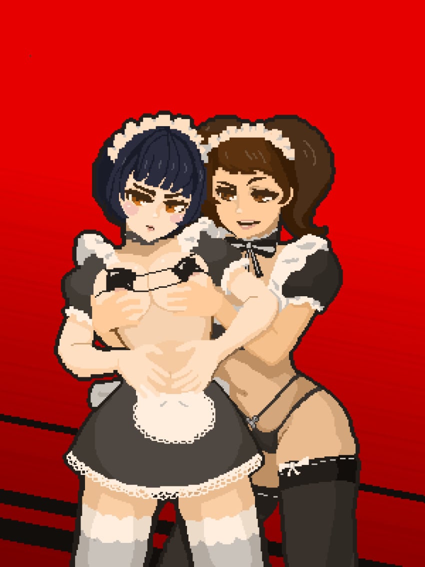 2girls animated animated_gif areola blush dialogue female fondling_breast gif grabbing_breasts half_naked klajksf loop maid maid_headdress maid_outfit maid_skirt maid_uniform pantyhose persona persona_5 pixel_(artwork) pixel_animation pixel_art reverse_maid_uniform sadayo_kawakami skirt tae_takemi tagme text text_box