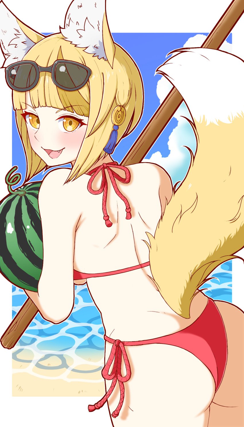 1girls absurdres alternate_costume amagumo1023 animal_ears ass beach big_ass bikini blonde_hair breasts fire_emblem fire_emblem_fates food fox_ears fox_girl fox_tail fruit highres kitsune looking_at_viewer looking_back melon multicolored_hair nintendo ocean outdoors red_bikini red_swimsuit selkie_(fire_emblem) small_breasts streaked_hair sunglasses swimsuit tail two-tone_hair water watermelon yellow_eyes