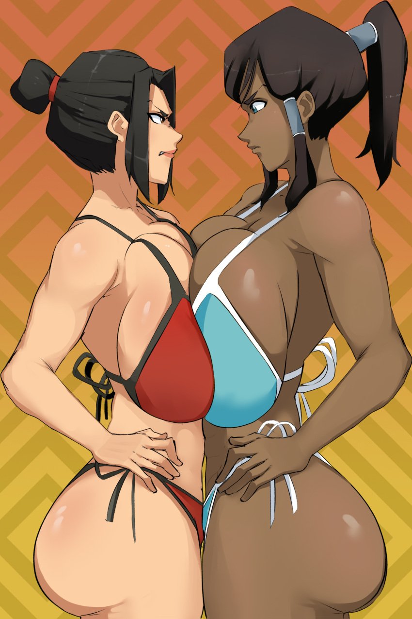 2girls angry artist_request ass avatar_legends avatar_the_last_airbender azula big_ass bikini black_hair blue_eyes breast_press brown_hair catfight chocolate_and_vanilla cleavage female female_only fire_nation huge_breasts korra looking_at_another pale-skinned_female pale_skin ponytail princess royal royalty side_view sidelocks swimsuit symmetrical_docking the_avatar the_legend_of_korra topknot voluptuous water_tribe yellow_eyes