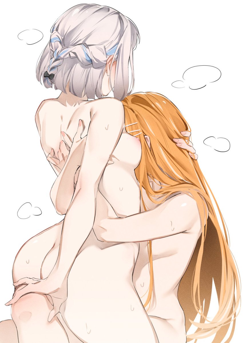 2girls ass back between_breasts blue_ribbon blush breast_smother breasts face_between_breasts face_to_breasts gakuen_idolmaster girls_only grey_hair half_up_braid hand_on_another's_head head_between_breasts head_on_chest highres hug idolmaster karan katsuragi_lilja long_hair multiple_girls nipples orange_hair ribbon ribbon_braid shiun_sumika short_hair simple_background straight_hair sweat white_background yuri