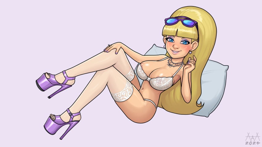 aaaninja blonde_hair breasts cleavage disney female female_focus female_only glasses_on_head gravity_falls high_heels huge_breasts lingerie pacifica_northwest pillow platform_heels thighhighs