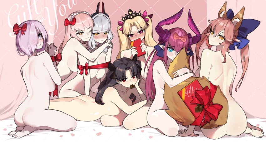 7girls big_tail carmilla_(fate) convenient_censoring elizabeth_bathory_(fate) ereshkigal_(fate) fate/grand_order fate_(series) group hugging_tail ishtar_(fate) looking_at_viewer mash_kyrielight medb_(fate) monkey_jon multiple_girls naked nude tamamo_no_mae_(fate) valentine's_day