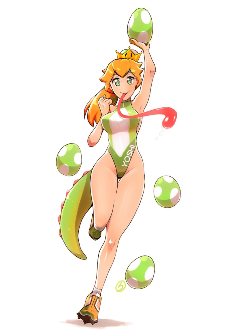 long_tongue looking_at_viewer mario_(series) monkey_jon one-piece_swimsuit super_crown yoshette yoshi