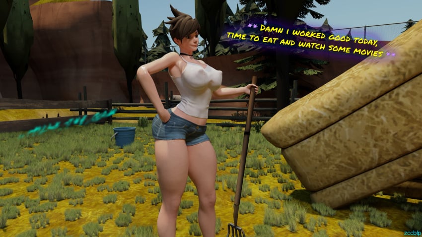 1girls 3d blender blizzard_entertainment breasts cowgirl overwatch short_hair text thick_thighs tracer zccblp