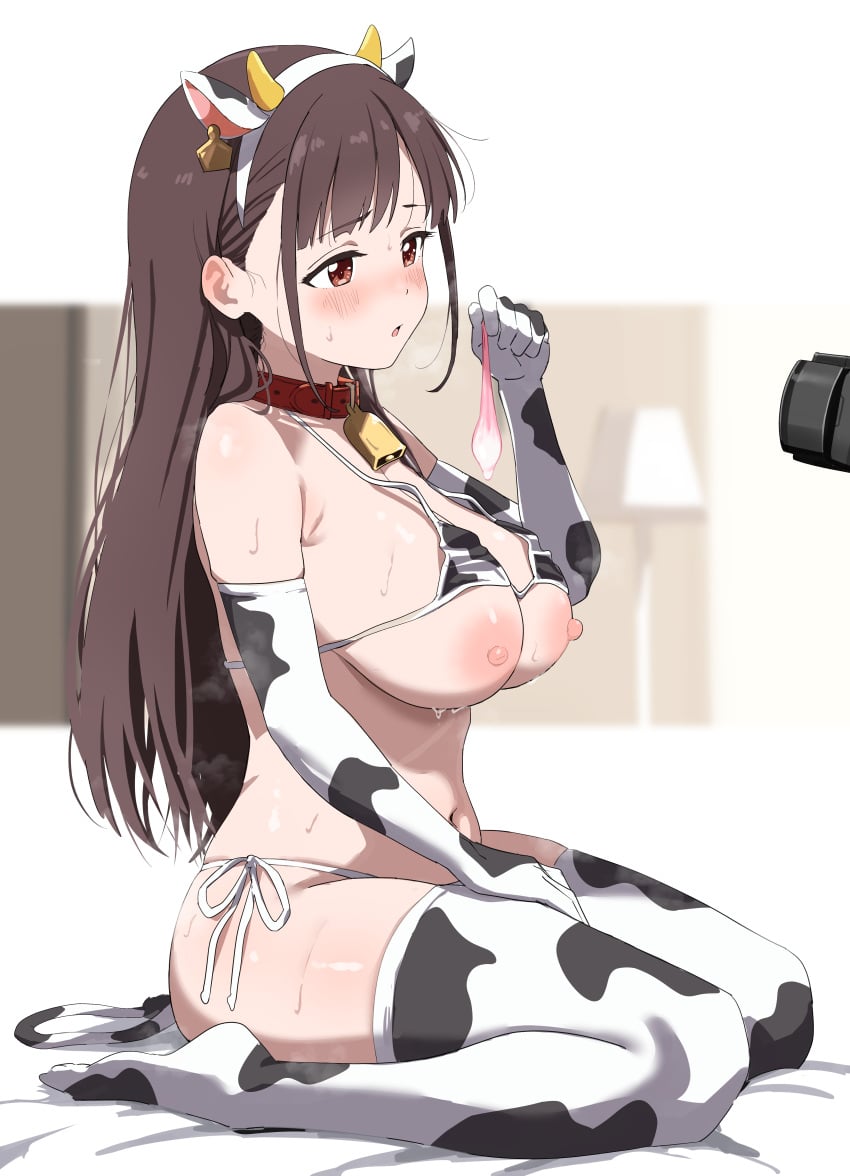 :o absurdres after_sex animal_collar animal_ears animal_print bed_sheet bell bikini bikini_top_lift blush breasts brown_hair clothes_lift collar commentary_request condom cow_ears cow_horns cow_print cow_print_bikini cow_print_gloves cow_print_thighhighs elbow_gloves fake_animal_ears fake_horns female gloves highres holding holding_condom horns idolmaster idolmaster_shiny_colors kneeling large_breasts long_hair looking_at_object navel neck_bell nipples out_of_frame partial_commentary print_bikini print_gloves print_thighhighs side-tie_bikini_bottom sincos solo sonoda_chiyoko steaming_body straight_hair sweat swimsuit thighhighs used_condom very_long_hair