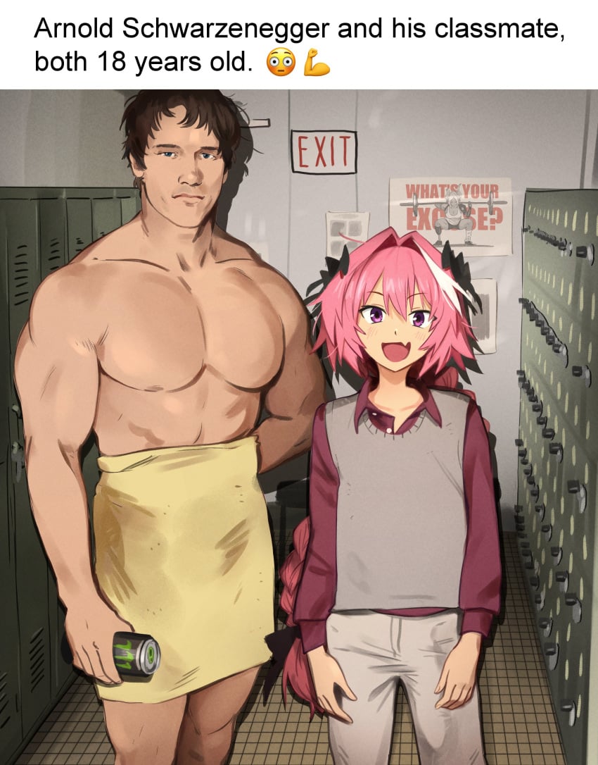 2boys actor arnold_schwarzenegger astolfo_(fate) blue_eyes brown_hair bulge clothing comedic emoji english_text fate/grand_order fate_(series) femboy funny half-naked hung_trap khyleri lavender_eyes locker_room male_only meme monster_can monster_energy monster_energy_can monster_energy_drink muscular_male not_porn packing_heat_down_there pink_hair purple_eyes towel_around_waist trap