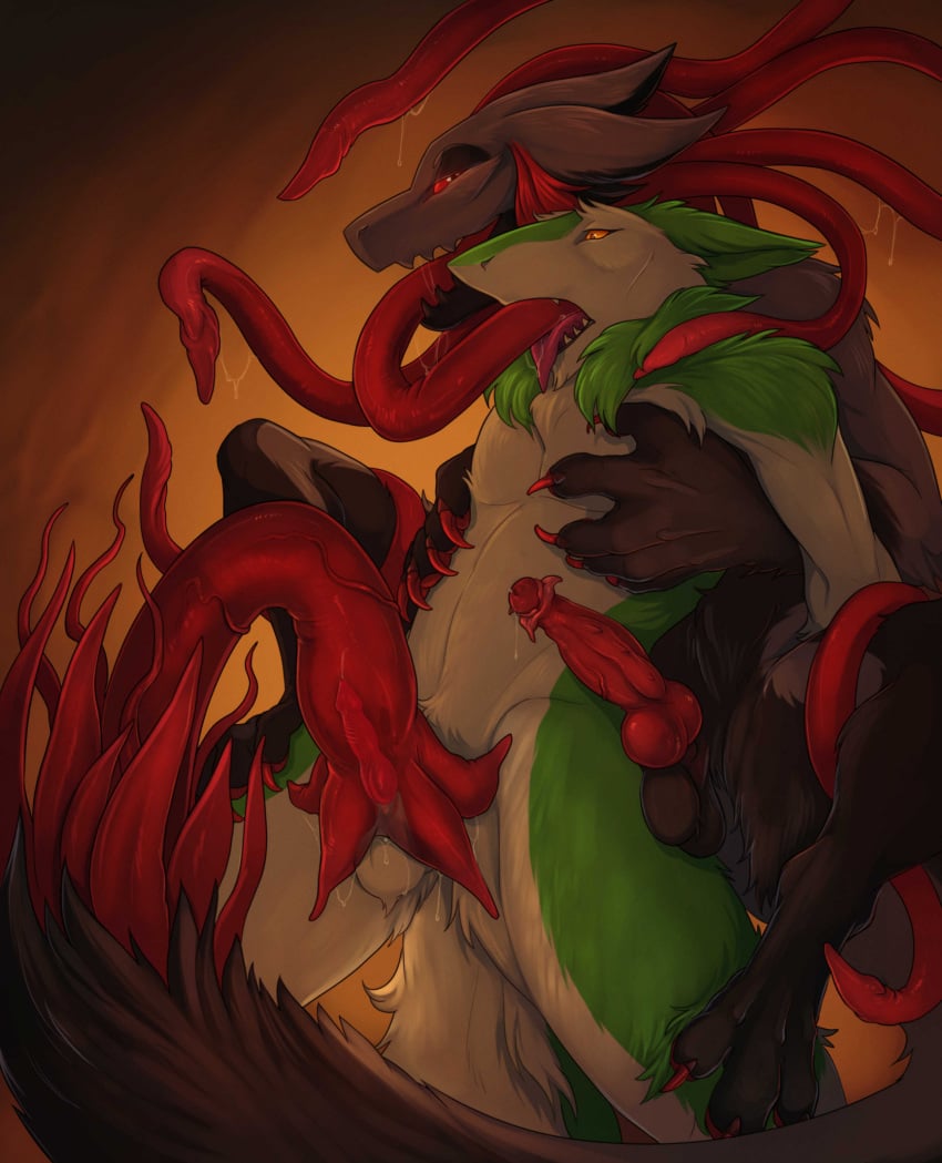 anthro anthro_only balls creepy_gun duo extreme_french_kiss french_kissing genitals hi_res kissing knot low-angle_view male male/male neck_tuft open_mouth open_smile penis sergal smile tail tentacle tongue tongue_out tuft unknown_species