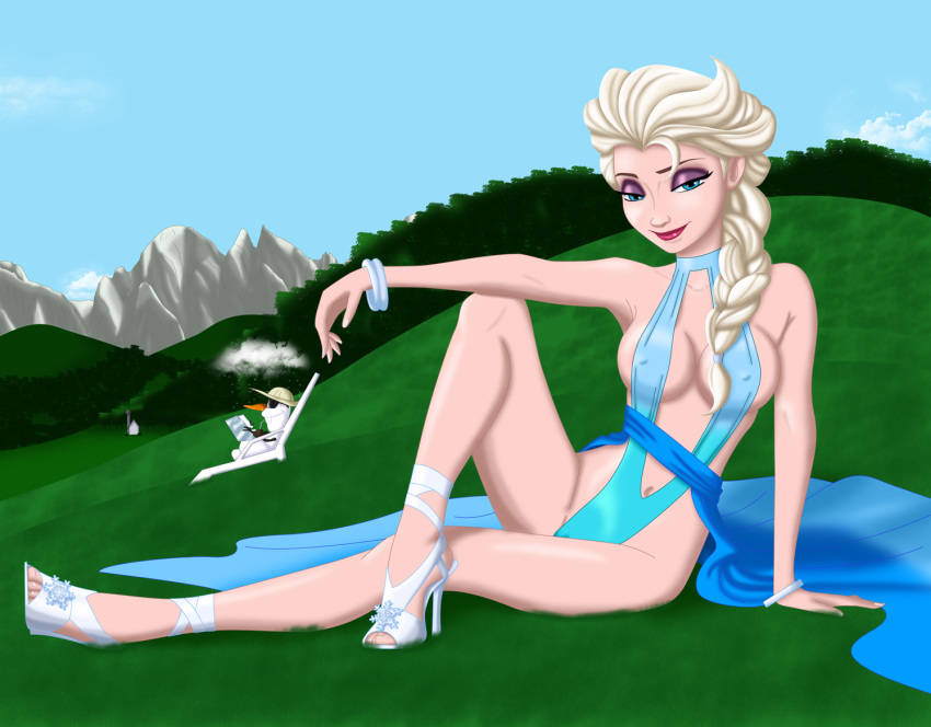 atlasmaximus blonde_hair blue_eyes breasts cabin disney elsa_(frozen) female frozen_(film) grass high_heels lipstick lounge_chair make_up mountain nipple_bulge olaf_(frozen) pinup pokies sling_bikini swimsuit tagme