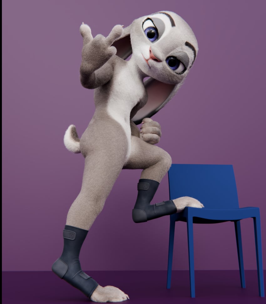 2024 3_toes 3d_(artwork) anthro closed_eyes clothing cotg_(artist) digital_media_(artwork) disney ears_down eyebrows feet female foot_on_chair footwear fur furniture gesture grey_body grey_fur hand_gesture hi_res judy_hopps lagomorph leporid mammal middle_finger multicolored_body nude paws pivoted_ears purple_background purple_eyes rabbit raised_eyebrow simple_background solo tail tiptoes toes zootopia