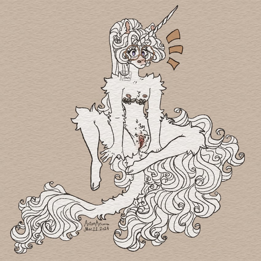 1boy 2024 anthro anton_(antonarcana) antonarcana blush covered_in_fur cuntboy cuntboy_focus cuntboy_only curly_hair femboy furry girly glasses hooves male male_only original purple_eyes round_glasses stomach_tuft unicorn unicorn_boy unicorn_horn very_long_tail white_fur