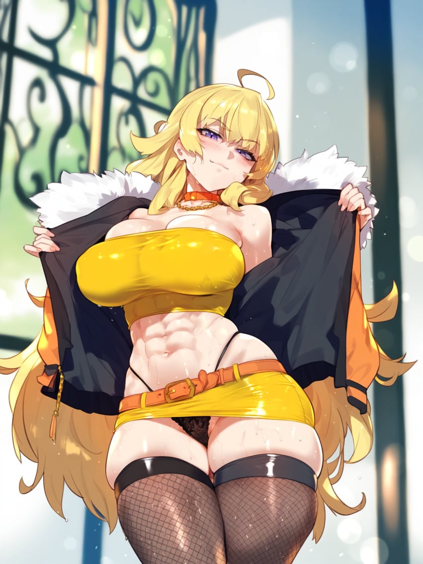 1girls abs ai_generated blonde_hair blurry_background crop_top female female_only fishnet_legwear fishnets fur_jacket long_hair microskirt muscular_female open_clothes panties presenting purple_hair rwby self_upload slutty_clothing slutty_outfit smirk smirking_at_viewer solo yang_xiao_long