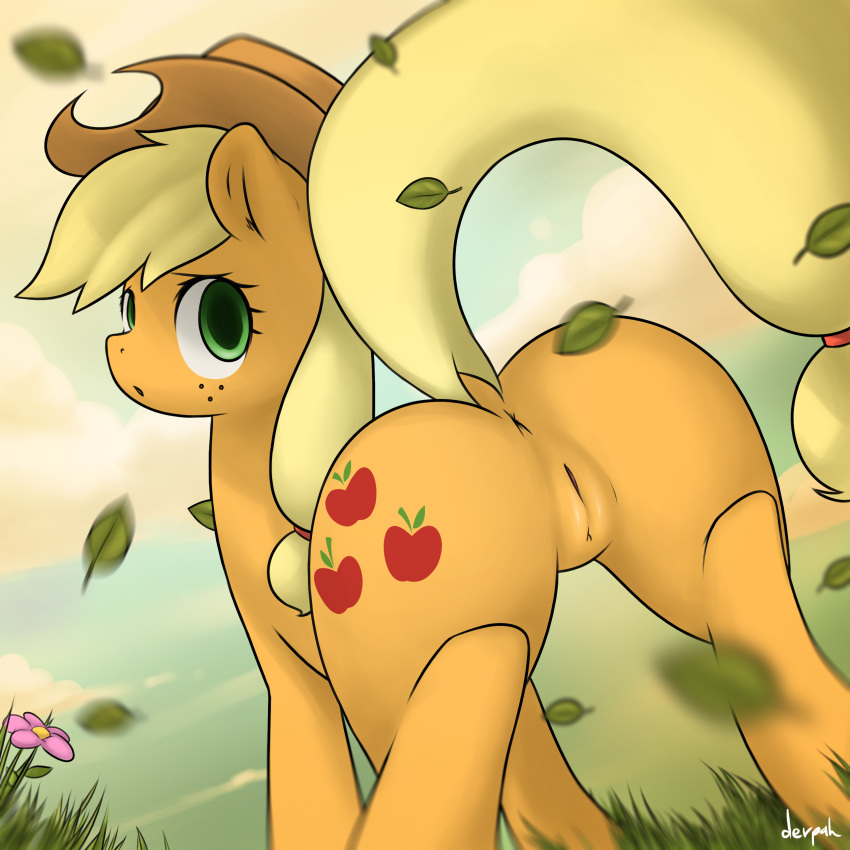 2014 absurdres anus applejack_(mlp) ass blonde_hair cloud cowboy_hat cutie_mark derpah equine female freckles friendship_is_magic fur grass green_eyes hat highres horse leaves long_hair mammal my_little_pony orange_fur outdoors pony pussy raised_tail smooth_skin solo standing