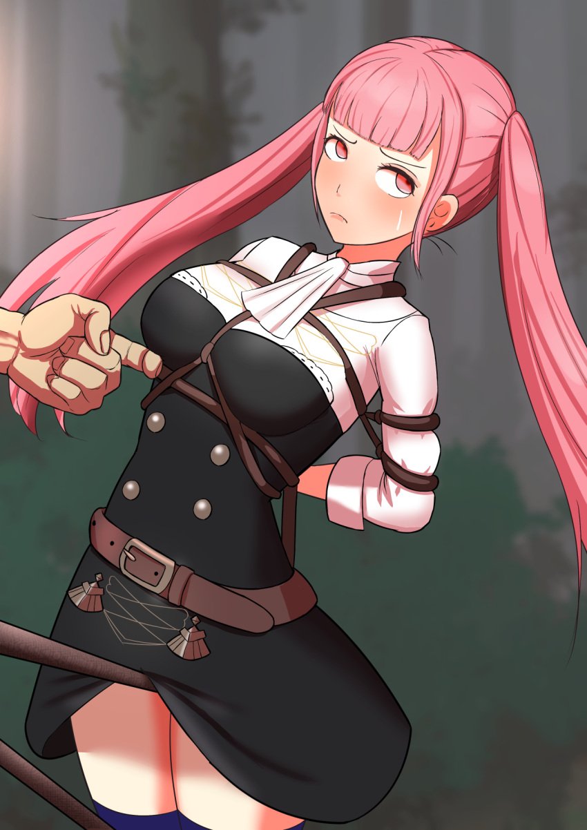 1boy 1girls angry annoyed arms_behind_back aro_(artist) bangs bare_thighs bondage bound breast_grab breasts captured female femsub fire_emblem fire_emblem:_three_houses garreg_mach_monastery_uniform groping hilda_valentine_goneril imminent_rape imminent_sex long_sleeves looking_away male medium_breasts molestation nintendo pink_eyes pink_hair rape restrained rope rope_between_pussy rubbing_pussy shirt skirt spoils_of_war standing thighs twintails