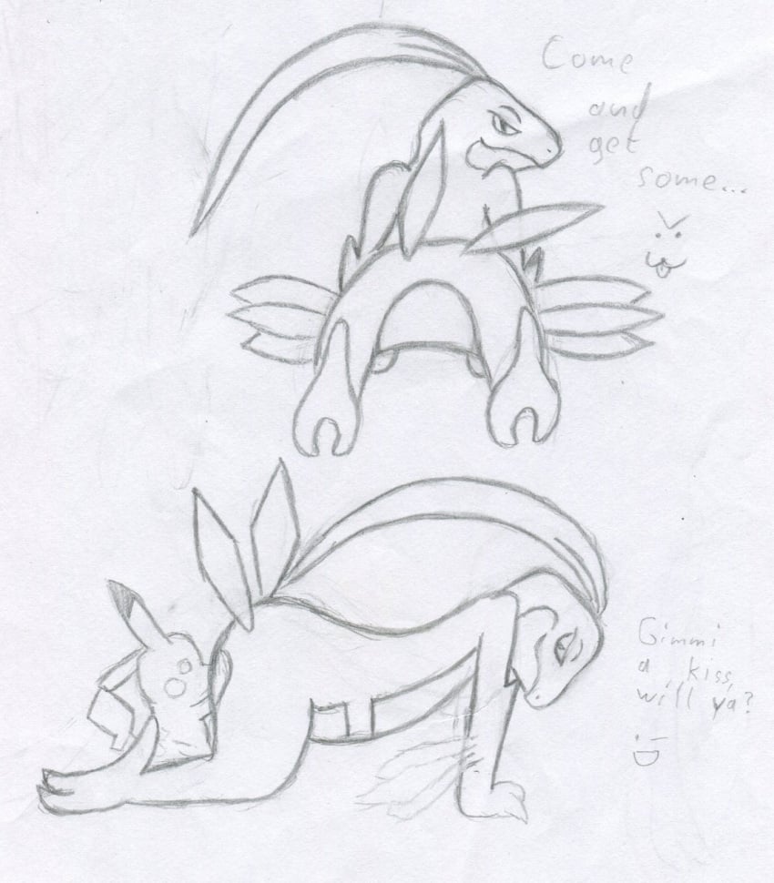 all_fours ambiguous/ambiguous ambiguous_gender anal_request anthro anthro_only ass dialogue duo english_text generation_1_pokemon generation_3_pokemon grovyle hi_res kiss_my_ass kissing_butt leaf leaf_hair leaf_tail looking_at_another looking_back looking_back_at_another macro710 monobutt nintendo pikachu plant plant_hair pokemon pokemon_(species) pseudo_hair semi-anthro size_difference smile tail text thatweirdguy traditional_media_(artwork)