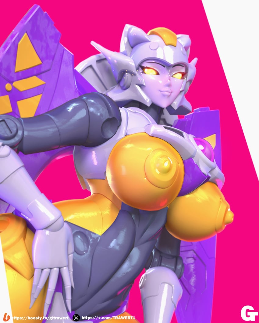 1girls 2024 3d 3d_model big_breasts breasts_out cybertronian female female_only nipples purple_arms purple_legs robot robot_girl solo thick_thighs thunderblast transformers transformers_cybertron trawert yellow_body