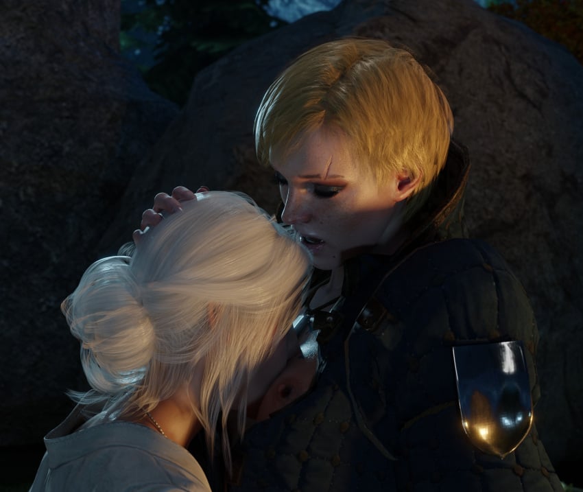 2girls 3d blonde_hair breasts cd_projekt_red ciri ciribestgirl cleavage female female_only french_kiss girls_only head_on_breasts image_set kissing light-skinned_female motorboating open_clothes sucking_nipples the_witcher_(series) the_witcher_3:_wild_hunt undressing undressing_partner ves white_hair yuri