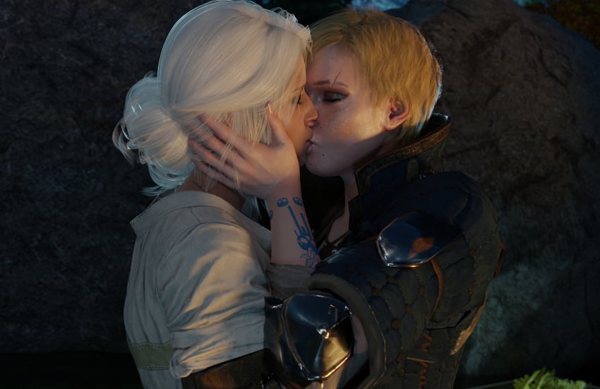 2girls 3d blonde_hair breasts cd_projekt_red ciri ciribestgirl cleavage female female_only french_kiss girls_only image_set kissing light-skinned_female the_witcher_(series) the_witcher_3:_wild_hunt ves white_hair yuri