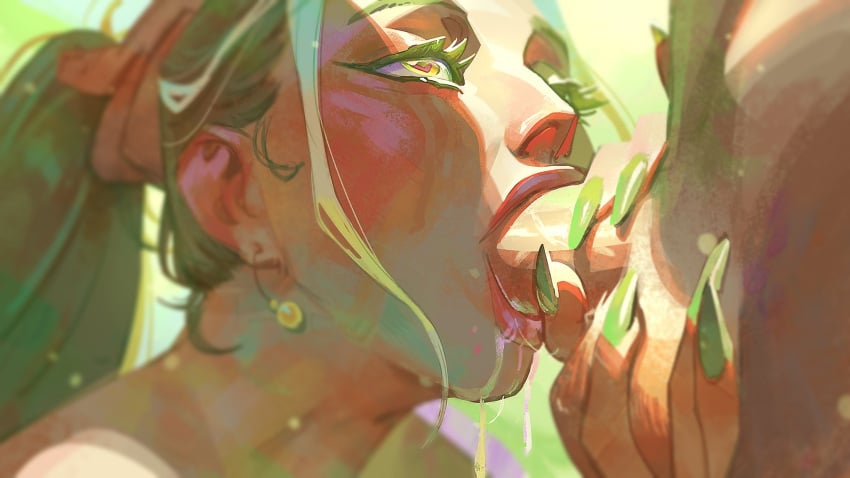 1boy 1girls annienudesart big_penis blush character_request close-up earrings fellatio green_eyes green_hair hand_on_penis kneeling light_skin long_fingernails long_hair looking_at_another looking_up nude oral outdoors saliva saliva_drip tied_hair