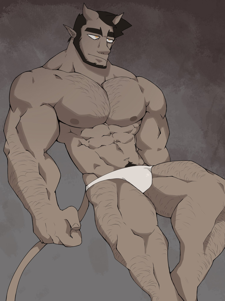 1boy abs aries03220 bara beard biceps bulge demon demon_horns devil devil_horns flaccid male male_nipples male_only manly muscular_male nipples pecs solo solo_male underwear