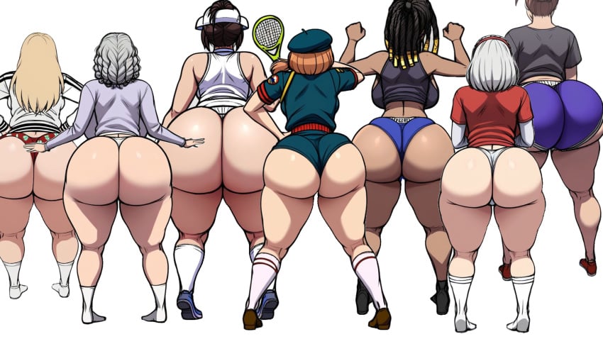 6+girls 7girls ai_generated ass_dough ass_focus ass_size_difference asscheeks basketball_shorts basketball_uniform beret big_ass big_butt blackwhiplash_(style) blonde_hair booty_shorts bottom_heavy bubble_butt bunanza_ caked_up comparing_assese comparing_butts curly dark-skinned_female dat_afat dreadlocks fanart fat_ass full_body girl_scout group hair hairband height_difference huge_ass huge_butt large_ass lined_up lineup long_sleeves multiple_girls plump_ass presenting_ass presenting_hindquarters scout_uniform shirt short_hair silver_hair size_difference straight_hairt t-shirt tagme tennis_outfit tennis_racket tennis_uniform thick_ass varsity_jacket widescreen