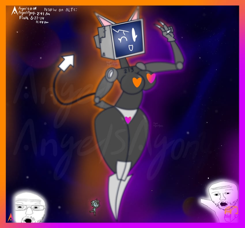 agonywelds ass big_breasts big_butt cat_ears catgirl censored cracked_glass femdom hands_behind_back peace_sign robot robot_girl rule34 smaller_male space tail taller_female taller_girl thick_ass thick_thighs thighs wojak wojak_comics