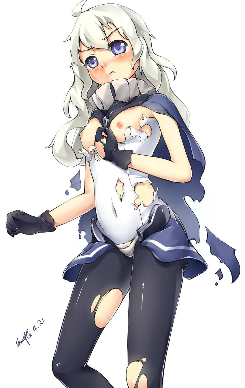 1girls absurdres bodysuit breasts cape female female_only highres kantai_collection shinkaisei-kan shuffle_(songdatiankong) silver_hair solo torn_clothes wo-class_aircraft_carrier