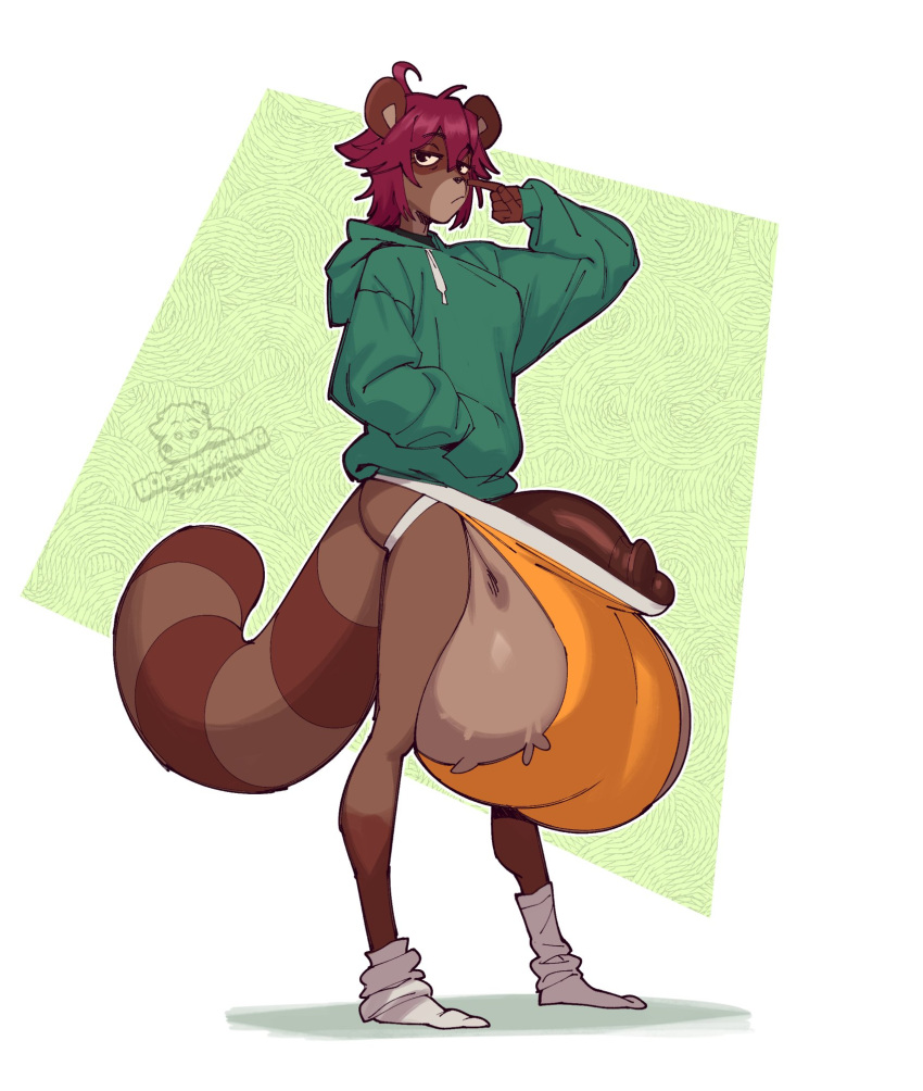 alex_(boosterpang) anthro artist_logo artist_name balls balls_bigger_than_penis big_balls big_penis biped boosterpang bottomless brown_balls brown_body brown_fur brown_penis canid canine clothed clothing dickgirl english_text facial_markings fluffy_balls footwear fur genitals gynomorph hair half-erect head_markings hi_res hoodie huge_balls huge_cock humanoid_genitalia humanoid_penis hyper hyper_balls hyper_genitalia hyper_penis intersex japanese_text jockstrap logo looking_at_viewer mammal markings oversized_balls penis picking_nose poking_out raccoon_dog red_hair simple_background socks solo striped_markings striped_tail stripes tail tail_markings tanuki text tomboy topwear topwear_only wardrobe_malfunction white_background