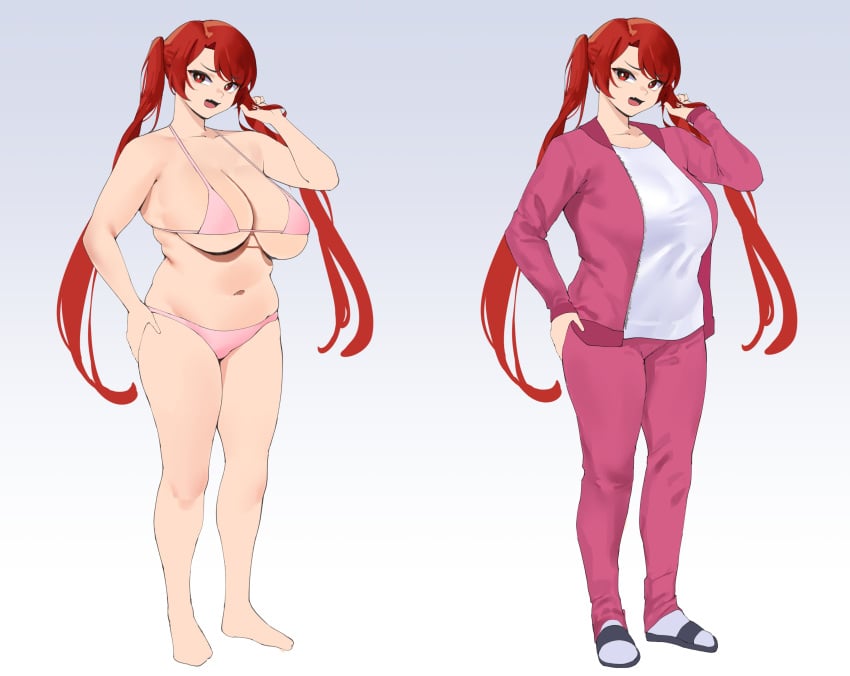 adjusting_hair ayumi_(yotamono) character_sheet chubby fang hand_on_hip hand_on_own_hip huge_breasts long_hair long_twintails looking_at_viewer multiple_images navel open_mouth original original_character pink_bra pink_jacket pink_panties pink_pants pink_underwear red_eyes red_hair reference_sheet sandals socks socks_and_sandals twintails white_shirt yotahen