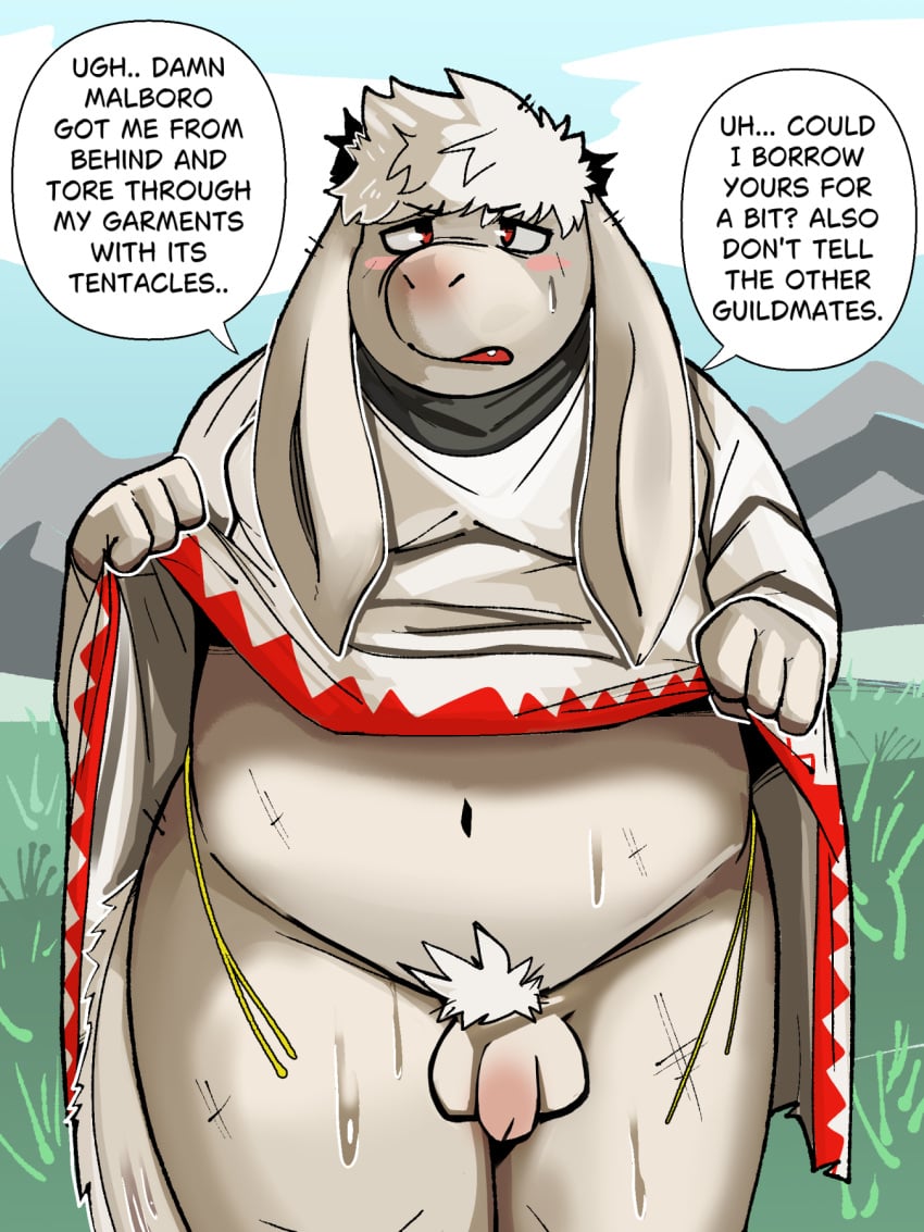 anthro balls belly blush bodily_fluids bottomless clothed clothing coolietf embarrassed english_text final_fantasy flaccid fur genitals grey_body grey_fur hair hi_res long_ears male navel nu_mou penis pubes red_eyes robe robe_lift solo square_enix sweat text white_hair white_mage_(final_fantasy)