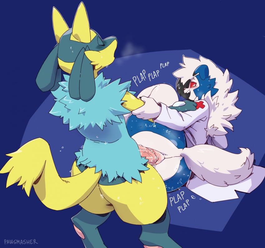 ambiguous_gender ambiguous_penetrated anal anal_sex anthro arm_grab ass big_butt blue_body blue_fur bodily_fluids bottomless closed_eyes clothed clothing duo fur generation_4_pokemon generation_7_pokemon hair hi_res interspecies lucario lycanroc male male/ambiguous male_penetrating male_penetrating_ambiguous midnight_lycanroc nintendo nude partially_clothed pdart penetration penile penile_penetration penis_in_ass pokemon pokemon_(species) red_eyes sex shirt sweat topwear white_hair yellow_body yellow_fur