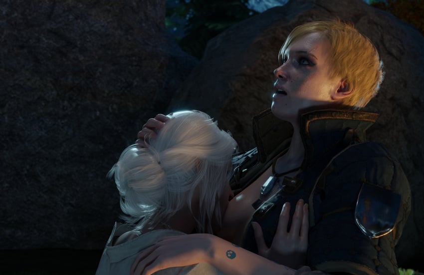 2girls 3d blonde_hair breasts cd_projekt_red ciri ciribestgirl cleavage female female_only french_kiss girls_only head_on_breasts image_set kissing light-skinned_female motorboating open_clothes sucking_nipples the_witcher_(series) the_witcher_3:_wild_hunt undressing undressing_partner ves white_hair yuri