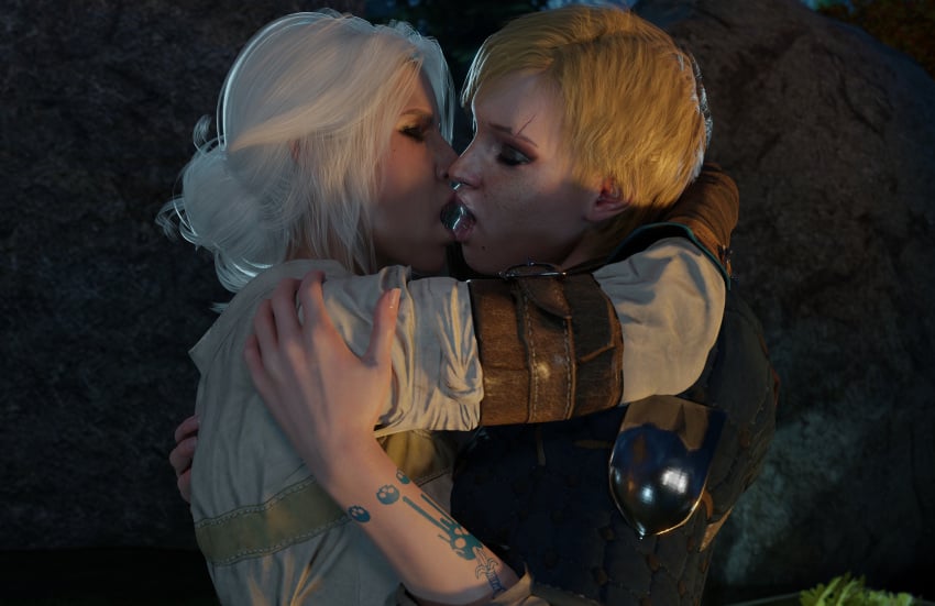 2girls 3d blonde_hair breasts cd_projekt_red ciri ciribestgirl cleavage female female_only french_kiss girls_only image_set kissing light-skinned_female the_witcher_(series) the_witcher_3:_wild_hunt ves white_hair yuri