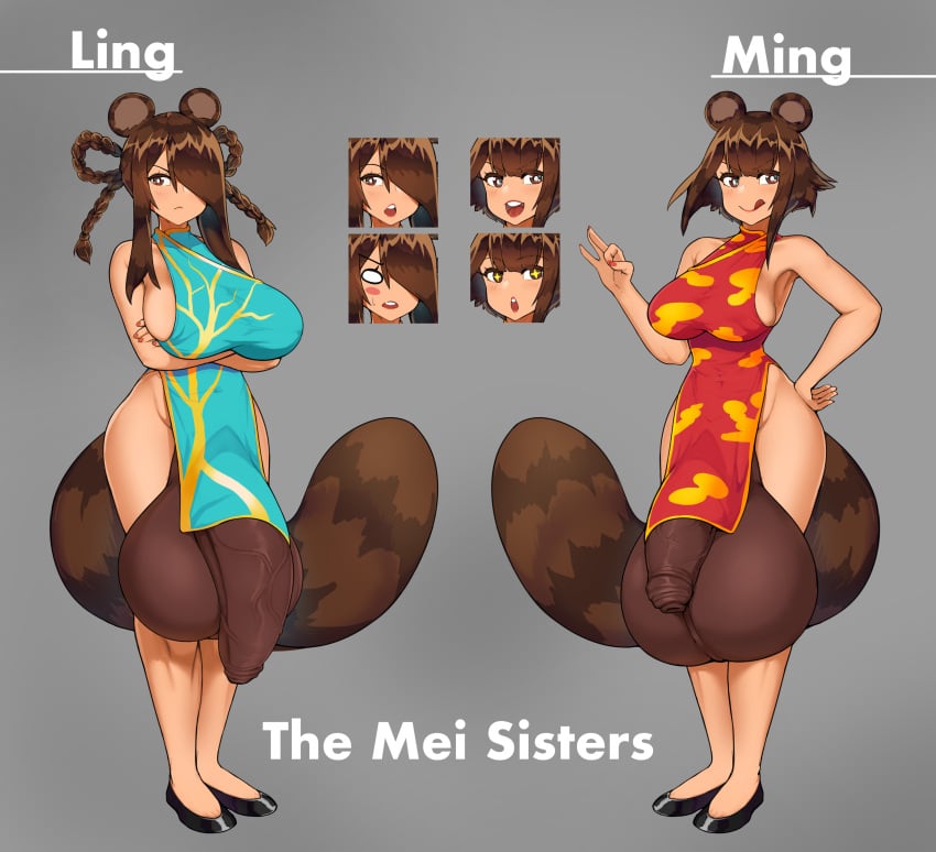 2futas absurd_res absurdres animal_ears balls balls_bigger_than_breasts balls_bigger_than_head balls_bigger_than_penis big_balls black_shorts bottomless braid braided_hair braids breasts brown_eyes brown_hair chinese_clothes chinese_dress clothed clothing dress_shoes duo flaccid flaccid_penis futa_only futanari gaikiken gigantic_balls gigantic_testicles hair_covering_eye hair_over_one_eye hi_res highres huge_balls huge_testicles humanoid humanoid_penis kemonomimi large_balls large_breasts large_testicles licking_lips light-skinned_futanari light_skin mostly_nude ok_sign oversized_balls short_hair sideboob standing tanuki tanuki_ears tanuki_girl tanuki_humanoid tanuki_tail tanuki_testicles testicles tongue tongue_out veiny_penis