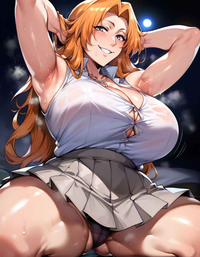 ai_generated armpits bleach bodysuit breasts excited excited_for_sex exhibitionism female female_focus female_pervert female_pubic_hair female_sub large_breasts long_hair matsumoto_rangiku miniskirt orange_hair panties pervert pink_panties prostitute prostitution provocative pussy school_uniform sex_invitation sexually_suggestive skirt solo submission uniform