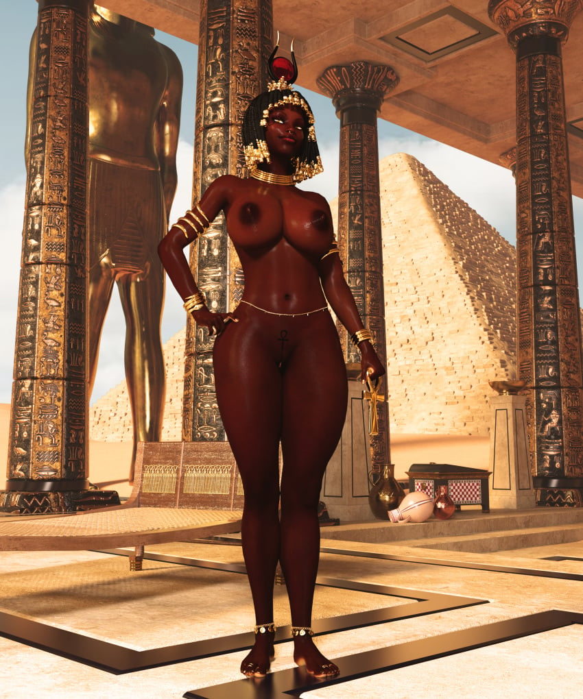 3d african african_female african_mythology ancient_egypt ancient_egyptian ankh bracelet braids dark-skinned_female dark_hair dark_skin ebony egyptian egyptian_mythology goddess jewelry large_breasts nose_ring nude original_character pussy pyramid solo tattoo toe_ring yellow_eyes