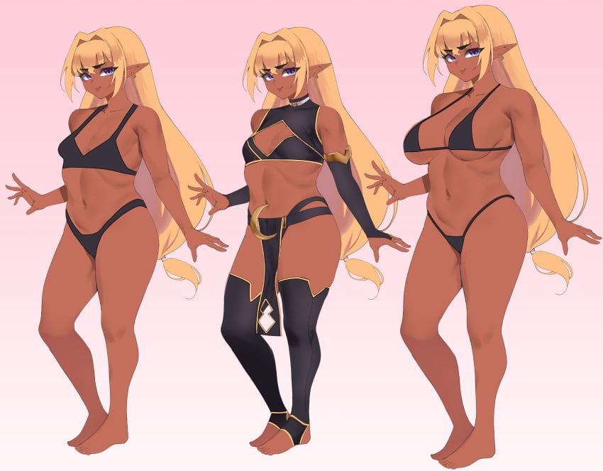 alternate_breast_size black_bra black_panties black_underwear blonde_hair character_sheet crescent_moon_pin cyn_(yotamono) ear_piercing elf elf_ears elf_female flat_chest hair_tie large_breasts loincloth long_hair multiple_images navel original original_character pointy_ears reference_sheet skimpy_clothes small_breasts sports_bra tan_body yotahen