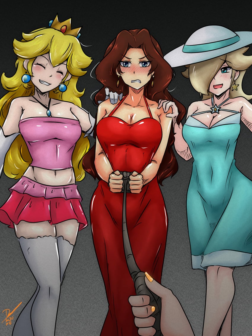 3girls alte-rie bondage female hands_tied hands_tied_in_front mario_(series) pauline princess_daisy princess_peach princess_rosalina summer_dress