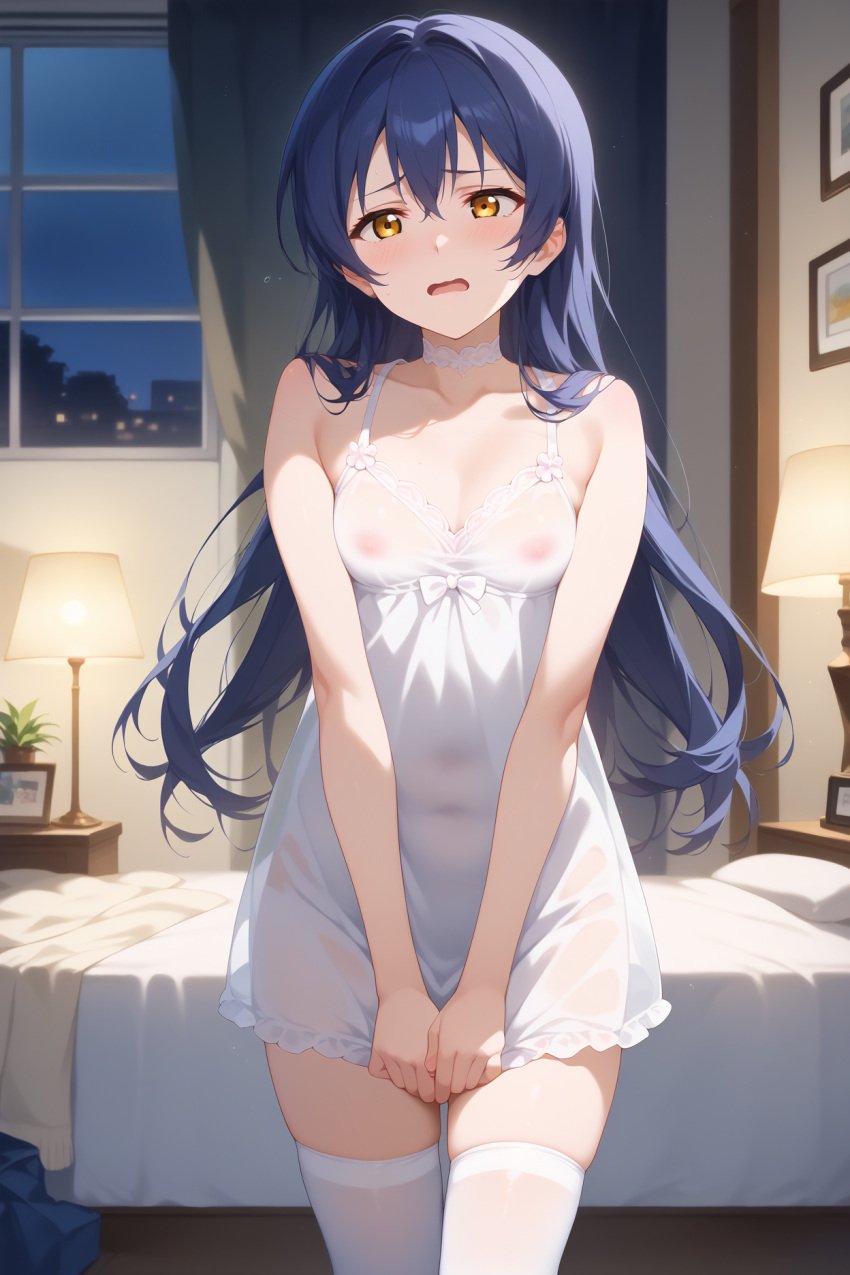 ai_generated bangs bare_arms bare_shoulders bed bedroom blue_hair blush breasts choker clock collarbone covered_navel covered_nipples cowboy_shot curtains desk_lamp dress embarrassed female hair_between_eyes indoors lace_trim lamp lingerie long_hair looking_at_viewer love_live! love_live!_school_idol_project night nipples on_bed open_mouth picture_frame pillow raised_eyebrows see-through skindentation sleeveless sleeveless_dress small_breasts solo sonoda_umi standing swept_bangs thighhighs umiaiart underwear v_arms wall_clock white_choker white_dress white_thighhighs window yellow_eyes