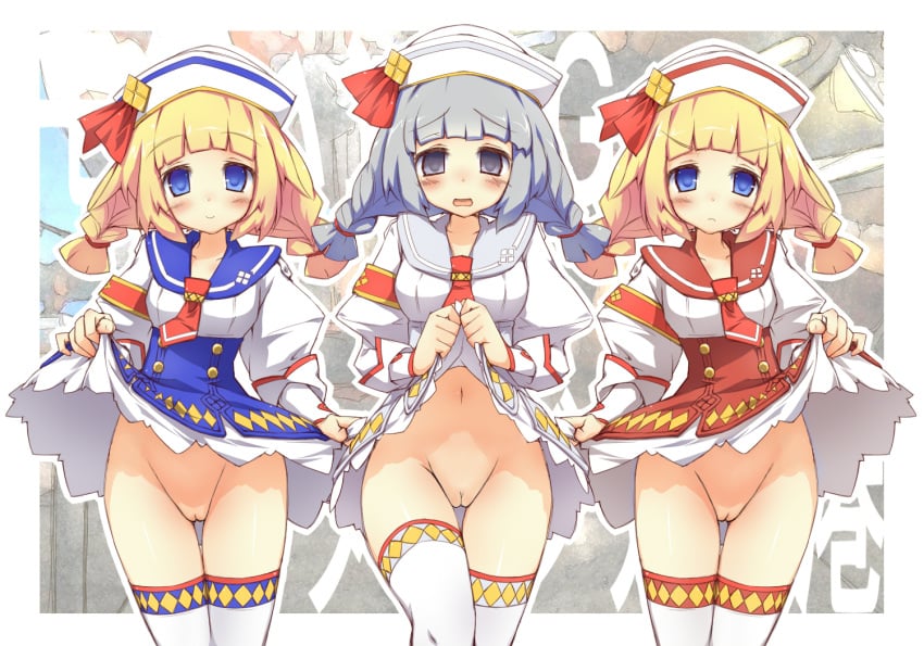 3girls blonde_hair blue_eyes blush braid chikyuujin_a dixie_cup_hat dress dress_lift erina_(monster_hunter) female grey_eyes grey_hair hat kathy_(monster_hunter) laura_(monster_hunter) long_hair monster_hunter monster_hunter_3_g multiple_girls navel no_panties open_mouth pussy receptionist_(monster_hunter_3_g) smile thighhighs thighs tied_hair twin_braids twintails uncensored white_legwear