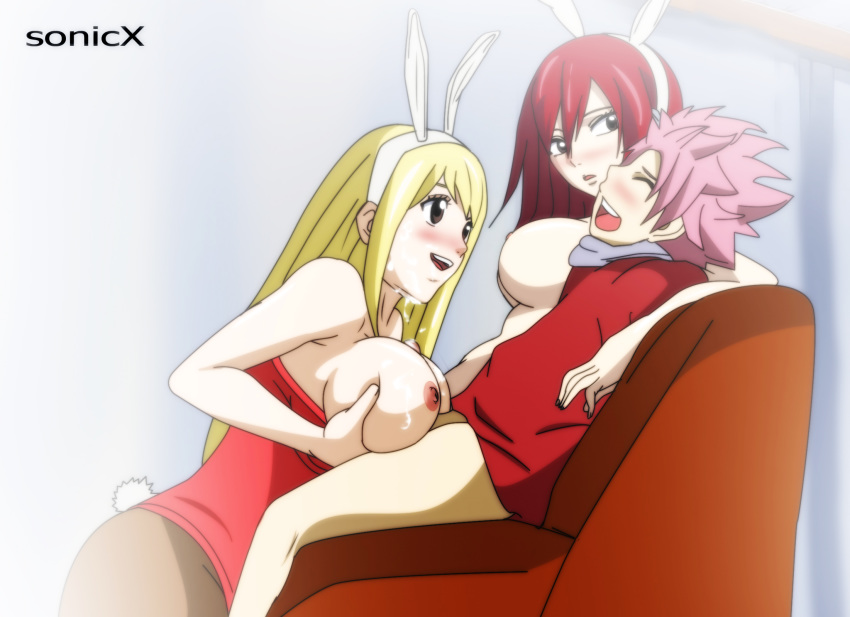 1boy 2girls erza_scarlet fairy_tail female group human lucy_heartfilia male natsu_dragneel paizuri sonicx straight tagme threesome