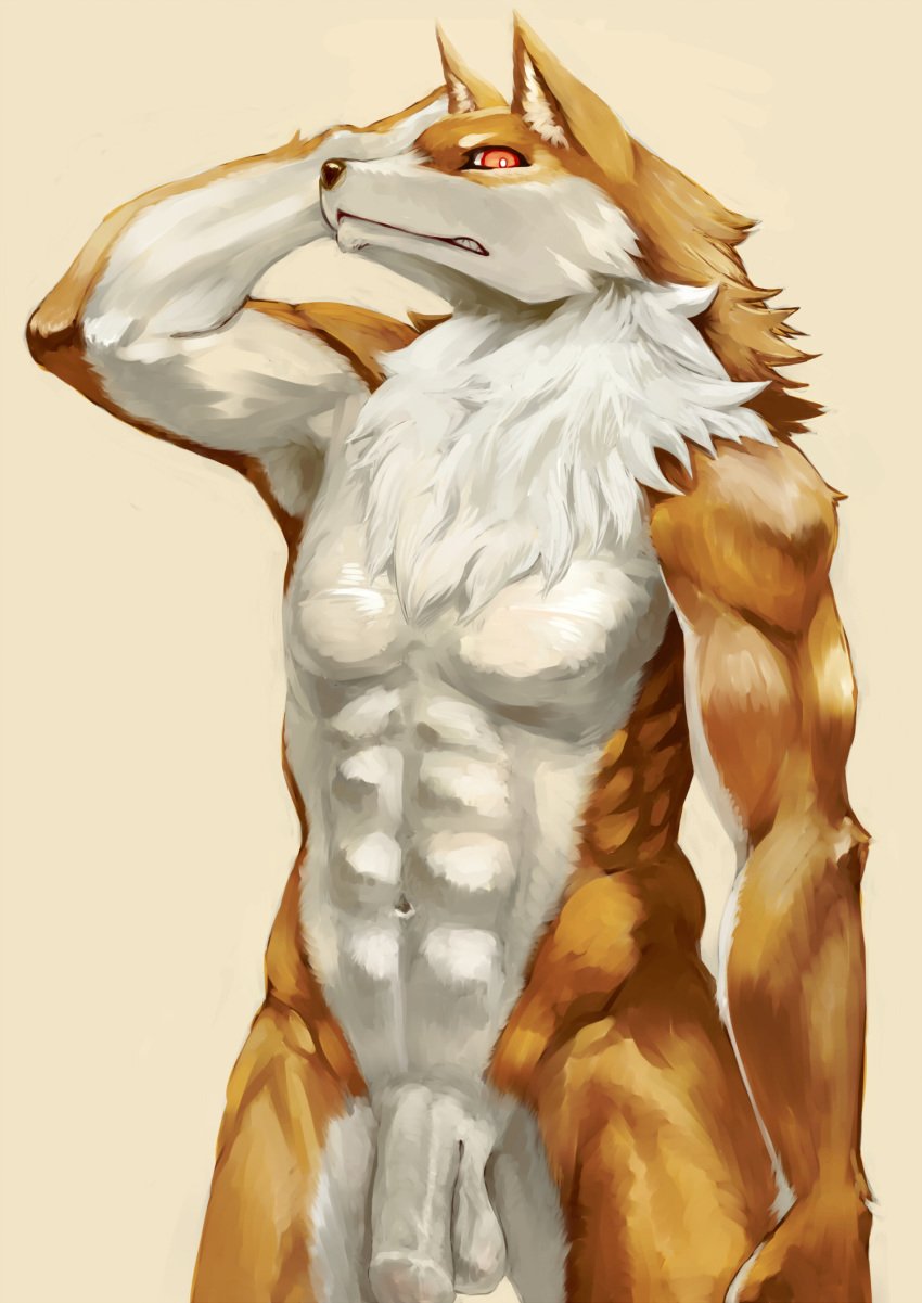 1boy 2013 abs anthro balls black_nose canine chest_tuft flaccid fur furry hi_res kemoisumi looking_at_viewer male male_only mammal muscles navel penis plain_background solo tuft uncut