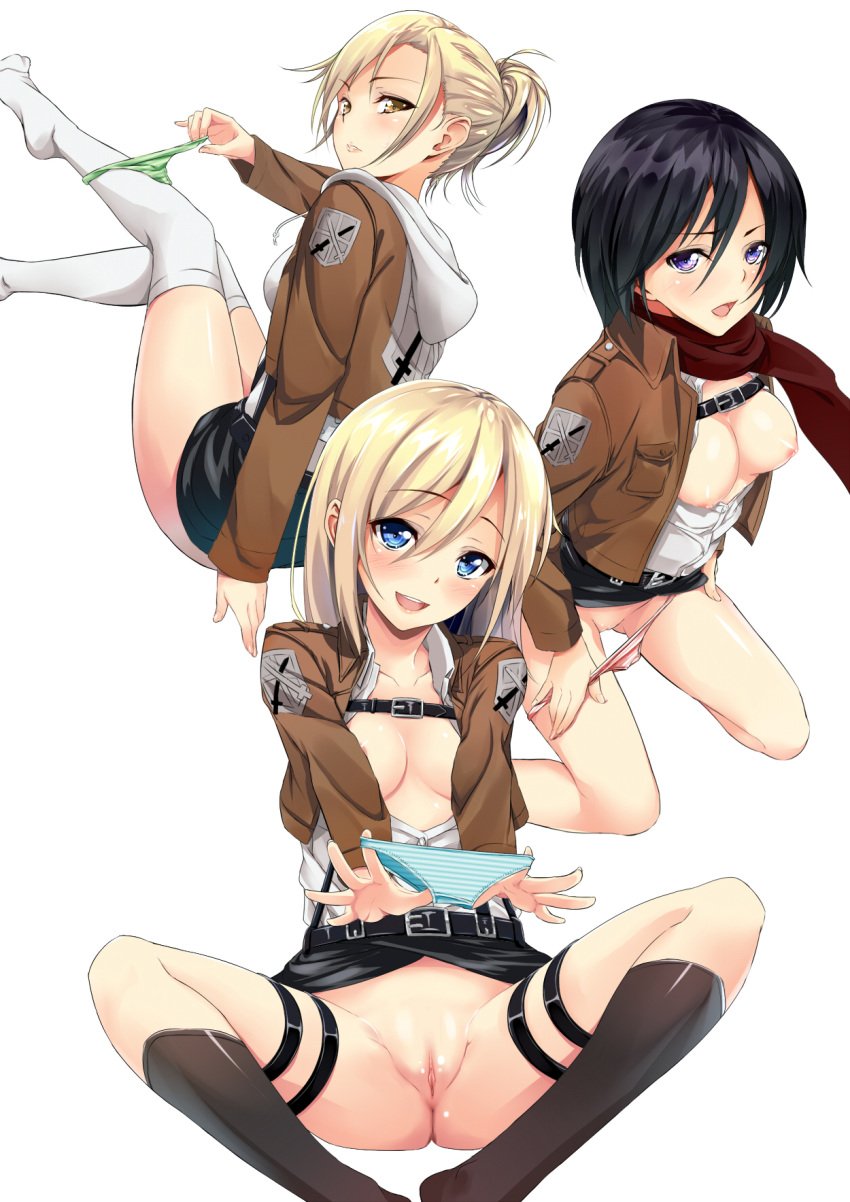 3girls :d annie_leonhardt attack_on_titan bangs belt black_hair black_legwear black_skirt blonde_hair blue_eyes blue_panties blush breasts breasts_out brown_eyes buttons christa_lenz female_only hair_between_eyes hairless_pussy highres historia_reiss holding_panties hoodie hourglass_figure jacket kneehighs kneeling looking_at_viewer medium_breasts mikasa_ackerman momonokizmen mound_of_venus multiple_girls no_bra open_clothes open_mouth open_shirt panties_around_leg panties_removed panty_pull parted_lips ponytail presenting_panties presenting_removed_panties purple_eyes pussy scarf shingeki_no_kyojin shiny shiny_hair shiny_skin shirt short_hair simple_background sitting smile spread_legs striped striped_panties thigh_strap thighhighs tied_hair uncensored uniform white_background white_legwear