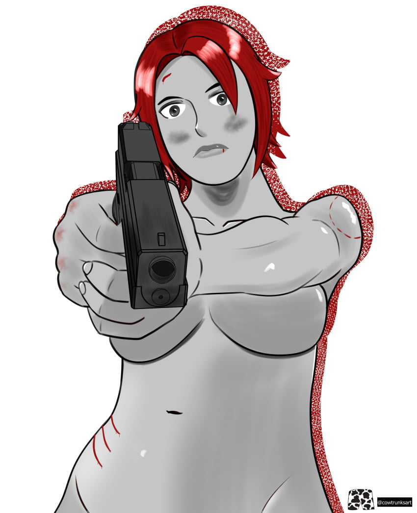 blood convenient_censoring cowtrunks dino_crisis gun injury red_hair regina_(dino_crisis) scratches underboob weapon