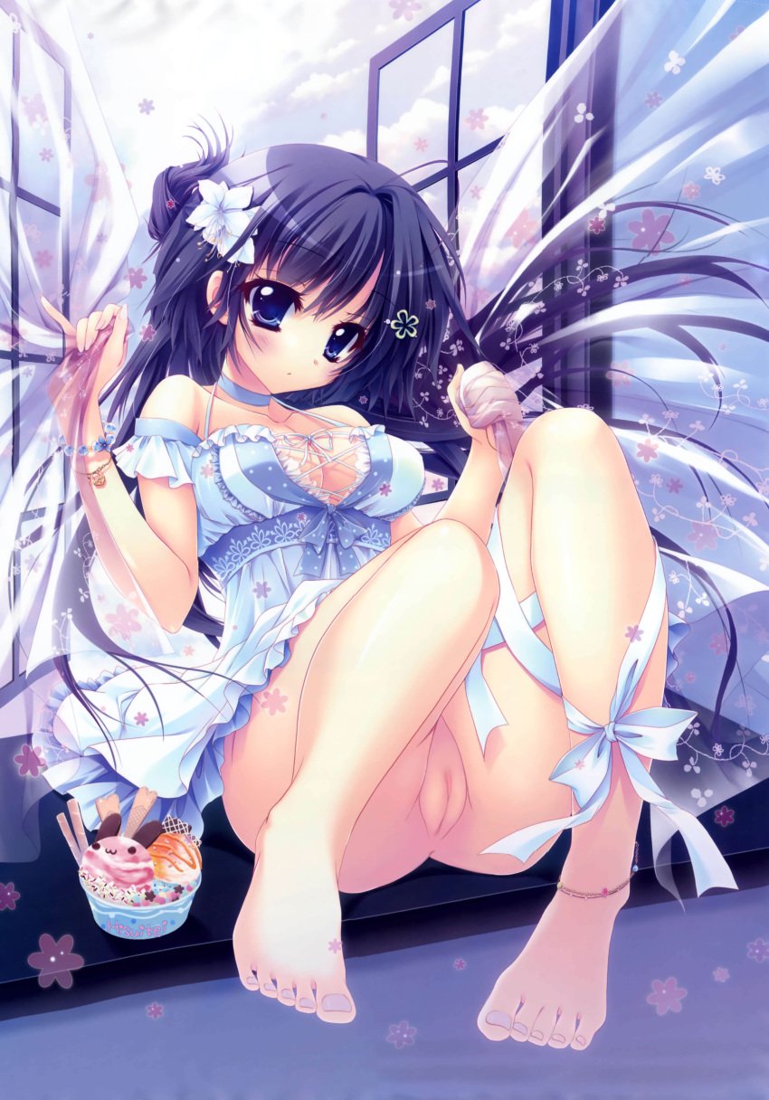 anklet barefoot blue_eyes blush bracelet breasts cleavage curtains dress feet female female flower food hair_flower hair_ornament halterneck ice_cream izumi_tsubasu jewelry knees_up long_hair nail_polish no_panties purple_hair pussy sitting solo toes uncensored window